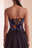 Strapless Corset Floral A Line Ruched Maxi Black Tie Dress