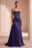Floral Strapless Satin Navy A Line Beaded Maxi Formal Dress