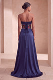 Floral Strapless Satin Navy A Line Beaded Maxi Formal Dress