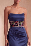 Floral Strapless Satin Navy A Line Beaded Maxi Formal Dress