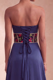 Floral Strapless Satin Navy A Line Beaded Maxi Formal Dress
