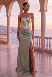 Strapless Floral Sage Green Mermaid Ruched Maxi Formal Dress