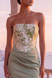 Strapless Floral Sage Green Mermaid Ruched Maxi Formal Dress