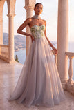 Strapless Coset Floral A Line Light Grey Maxi Prom Dress With Scarf