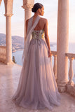 Strapless Coset Floral A Line Light Grey Maxi Prom Dress With Scarf