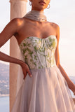 Strapless Coset Floral A Line Light Grey Maxi Prom Dress With Scarf