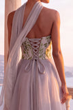 Strapless Coset Floral A Line Light Grey Maxi Prom Dress With Scarf