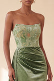 Corset Strapless Floral Green Sheath Maxi Velvet Dress