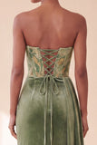 Corset Strapless Floral Green Sheath Maxi Velvet Dress