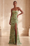 Green Strapless Floral Mermaid Maxi Formal Dress With Slit