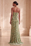 Green Strapless Floral Mermaid Maxi Formal Dress With Slit