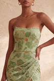 Green Strapless Floral Mermaid Maxi Formal Dress With Slit