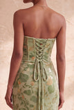 Green Strapless Floral Mermaid Maxi Formal Dress With Slit