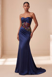 Mermaid Strapless Floral Navy Ruched Sheer Maxi Formal Dress