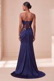 Mermaid Strapless Floral Navy Ruched Sheer Maxi Formal Dress