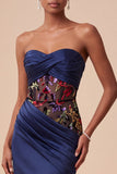Mermaid Strapless Floral Navy Ruched Sheer Maxi Formal Dress