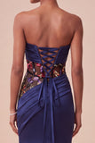 Mermaid Strapless Floral Navy Ruched Sheer Maxi Formal Dress