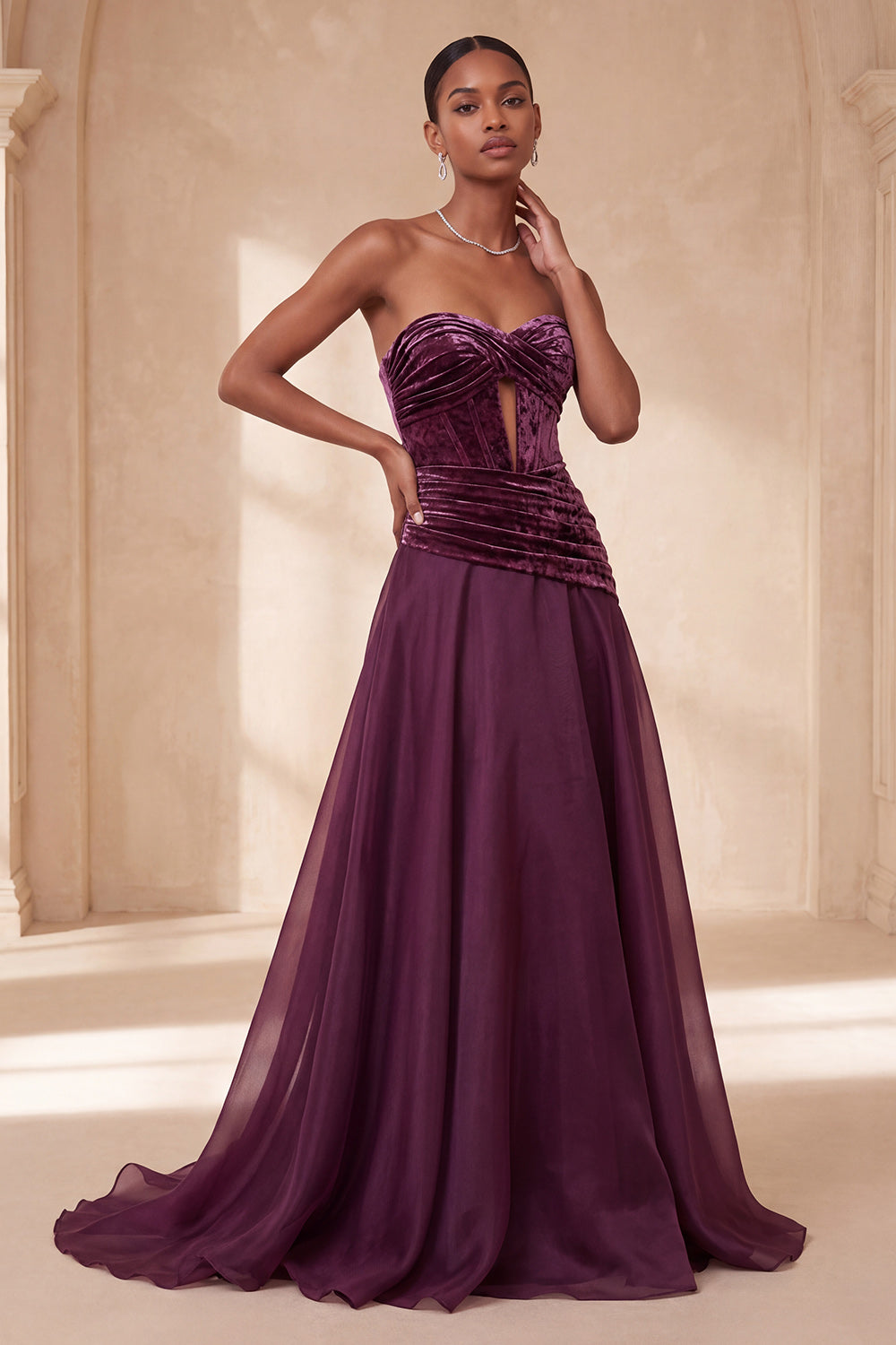 Corset Strapless Purple Ruched A Line Maxi Formal Dress