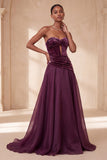 Corset Strapless Purple Ruched A Line Maxi Formal Dress