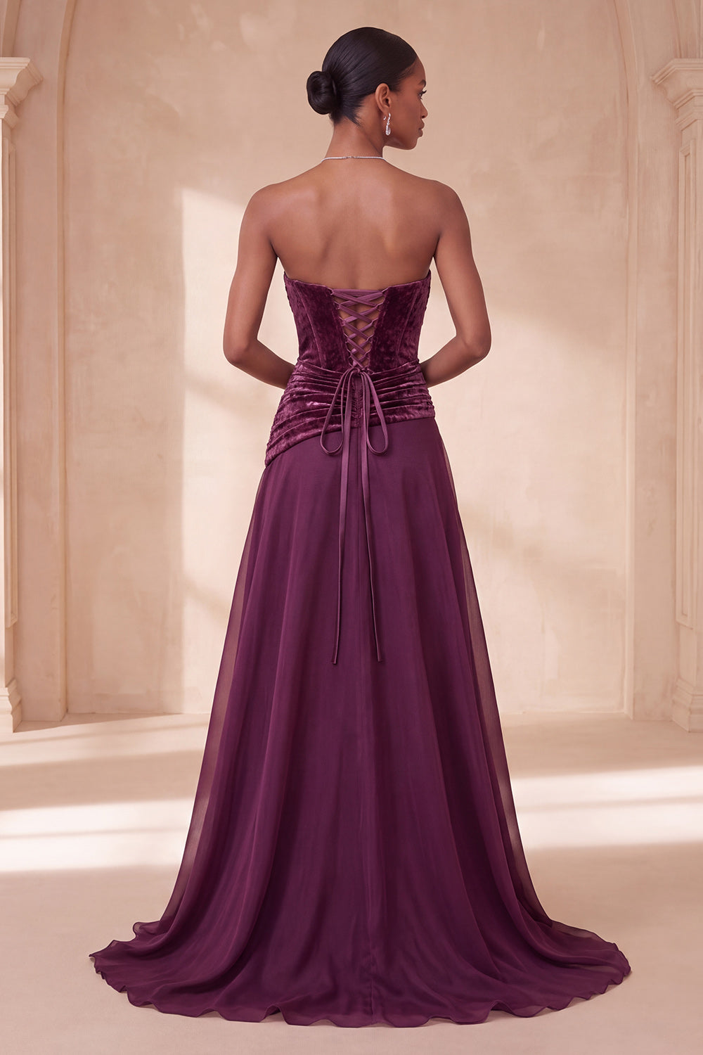 Corset Strapless Purple Ruched A Line Maxi Formal Dress