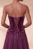 Corset Strapless Purple Ruched A Line Maxi Formal Dress