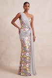One Shoulder Floral Sequins Sheath Light Pink Maxi Formal Dress