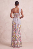One Shoulder Floral Sequins Sheath Light Pink Maxi Formal Dress