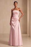 Strapless Ruched Sheath Pink Maxi Dress With Streamers