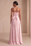 Strapless Ruched Sheath Pink Maxi Dress With Streamers