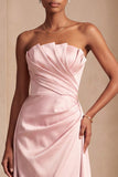 Strapless Ruched Sheath Pink Maxi Dress With Streamers