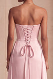 Strapless Ruched Sheath Pink Maxi Dress With Streamers