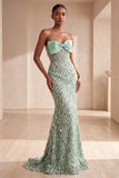 Strapless Sheer Corset Mermaid Sage Green Maxi Formal Dress With Bow