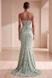 Strapless Sheer Corset Mermaid Sage Green Maxi Formal Dress With Bow