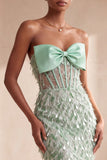 Strapless Sheer Corset Mermaid Sage Green Maxi Formal Dress With Bow
