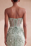 Strapless Sheer Corset Mermaid Sage Green Maxi Formal Dress With Bow