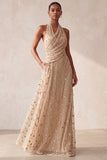 Halter Sparkly A Line Khaki Maxi Formal Dress