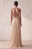 Halter Sparkly A Line Khaki Maxi Formal Dress