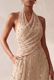 Halter Sparkly A Line Khaki Maxi Formal Dress