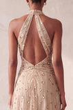 Halter Sparkly A Line Khaki Maxi Formal Dress