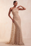 One Shoulder Mermaid Sparkly Khaki Maxi Formal Dress With Streamer