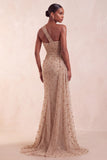 One Shoulder Mermaid Sparkly Khaki Maxi Formal Dress With Streamer