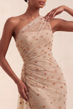 One Shoulder Mermaid Sparkly Khaki Maxi Formal Dress With Streamer