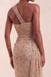 One Shoulder Mermaid Sparkly Khaki Maxi Formal Dress With Streamer