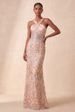 Halter Mermaid Sparkly Floral Pink Maxi Formal Dress