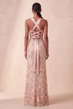 Halter Mermaid Sparkly Floral Pink Maxi Formal Dress
