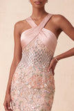 Halter Mermaid Sparkly Floral Pink Maxi Formal Dress