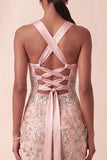 Halter Mermaid Sparkly Floral Pink Maxi Formal Dress