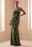 Halter Floral Green Sheath Maxi Velvet Dress