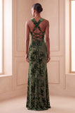 Halter Floral Green Sheath Maxi Velvet Dress