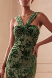 Halter Floral Green Sheath Maxi Velvet Dress